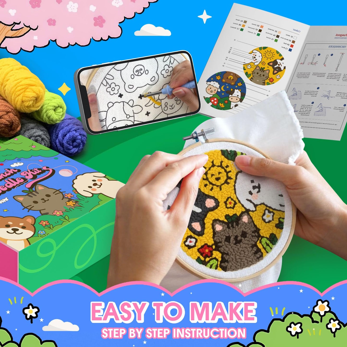 yuegool 2PCS Punch Needle Decoration Kit,Easy DIY Punch Needle Embroidery Kit for Beginners Adults Including Patterns, Tools, Yarns, Hoop, Instruction, Bracket Art Craft Supplies
