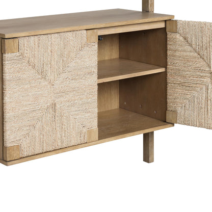 Nathan James Beacon 3-Shelf Solid Wood Bookshelf with Storage Cabinet, Bohemian Wall Mounted Shelf with Seagrass Door Fronts