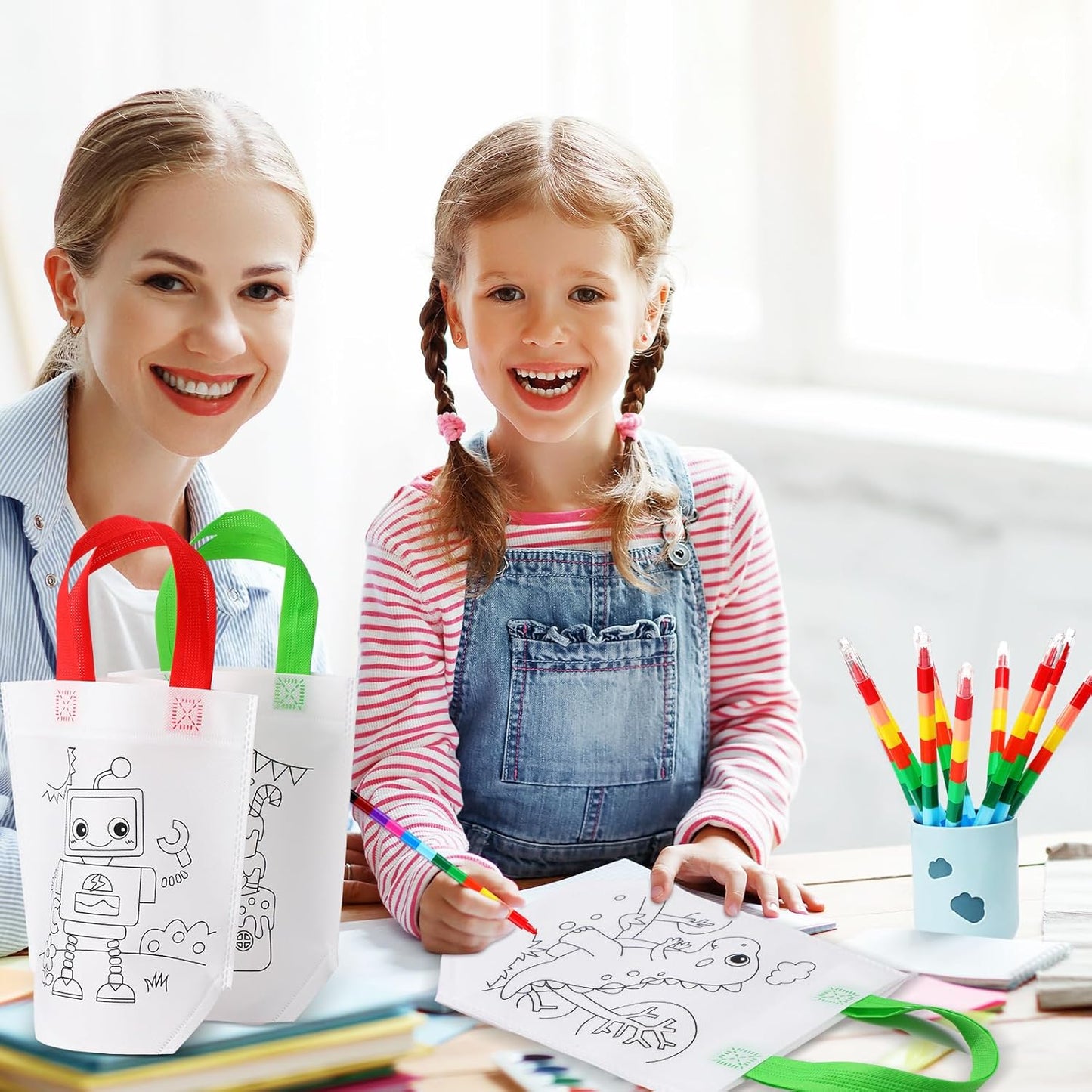48 Chunful Pieces Coloring Goodie Gift Bags for Kids Birthday Party Reusable Coloring Tote Bags Cute Cartoon Colorful