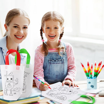 48 Chunful Pieces Coloring Goodie Gift Bags for Kids Birthday Party Reusable Coloring Tote Bags Cute Cartoon Colorful