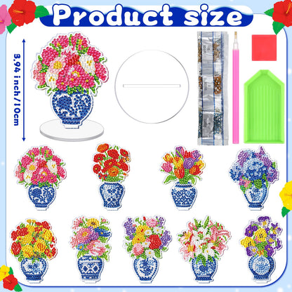Kosiz 9 Pcs Spring Diamond Painting Tabletop Decoration, Double-sided Acrylic Chinoiserie Porcelain Diamond Art Kit for Adult, DIY 5D Rhinestone Blue White Flower Centerpiece for Table Home Desk Decor