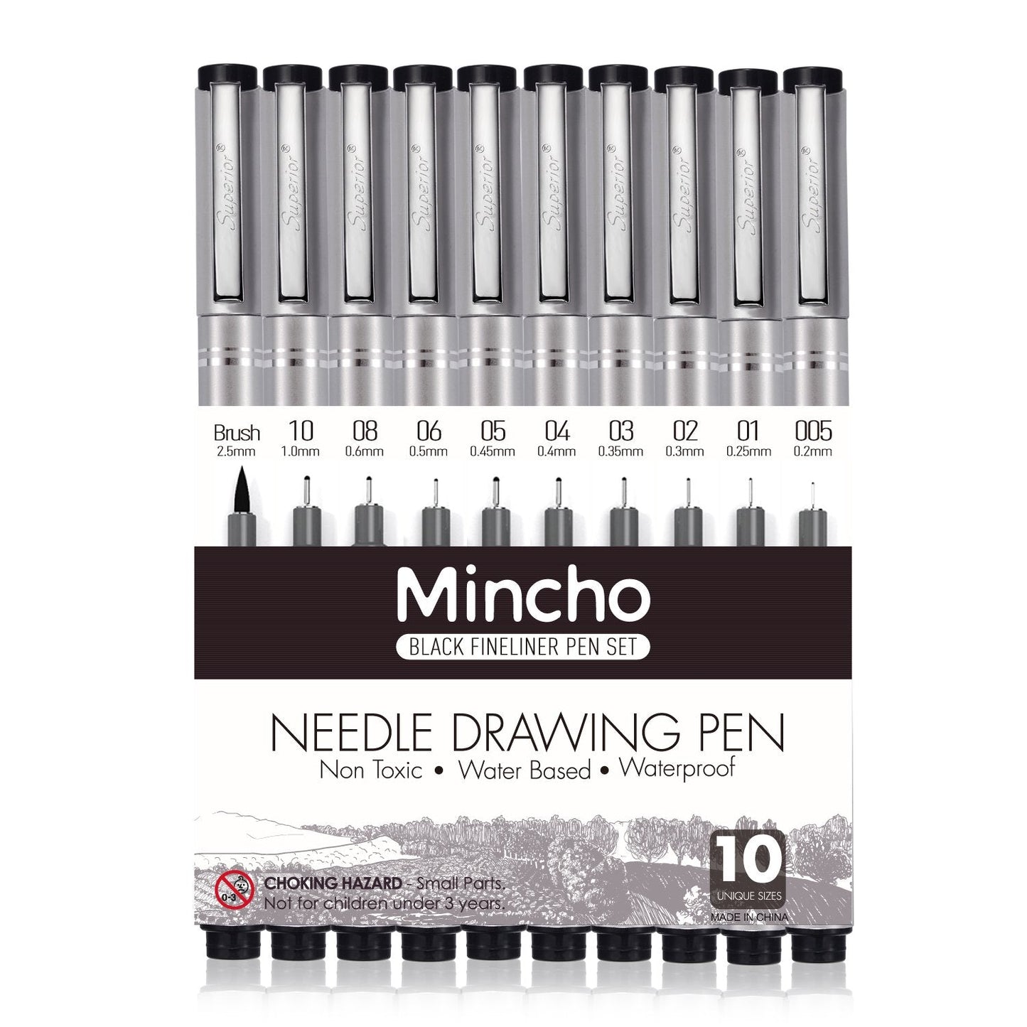 Set of 10 Black Micro-Pen Fineliner Ink Pens, Anti-Bleed & Waterproof Archival ink,Brush & Calligraphy Tip Nibs - Artist Illustration, Office Documents, Scrapbooking, Technical Drawing