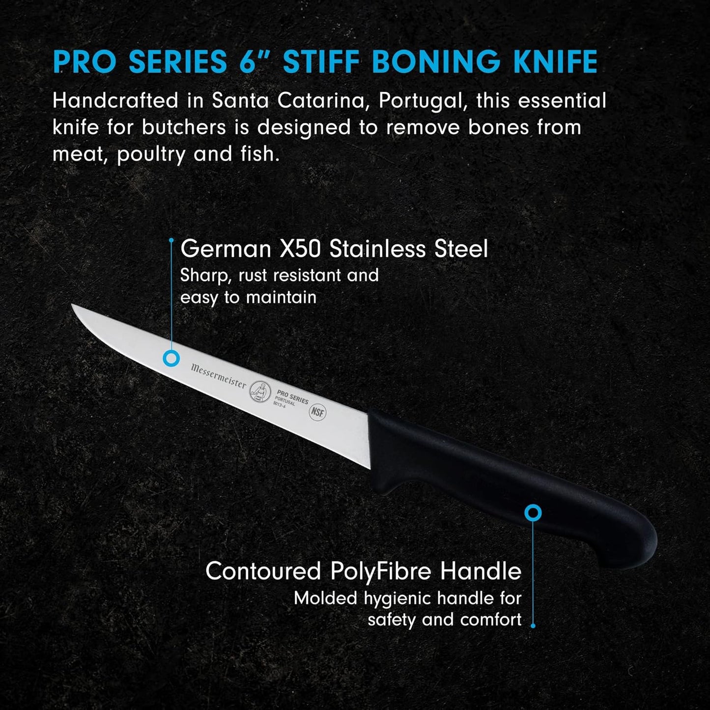 Messermeister Pro Series 6” Stiff Boning Knife - German X50 Stainless Steel, NSF-Approved PolyFibre Handle