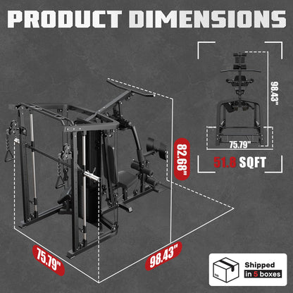 JELENS Home Gym System, 150LB Weight Stack Smith Machine with LAT Pull-Down & Leg Press, All-in-One Strength Training Equipment, Workout Station for Workout (Black, Classical Package)