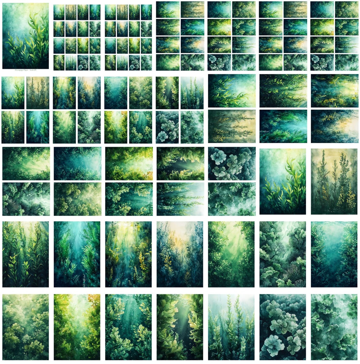 Decoupage Paper Pack (35 Sheets 6"x8") Underwater Greens: Beautifully Painted Aquatic Plants Swaying in The Ocean Depths, Illuminated by Ethereal Rays of Sunlight FLONZ Vintage