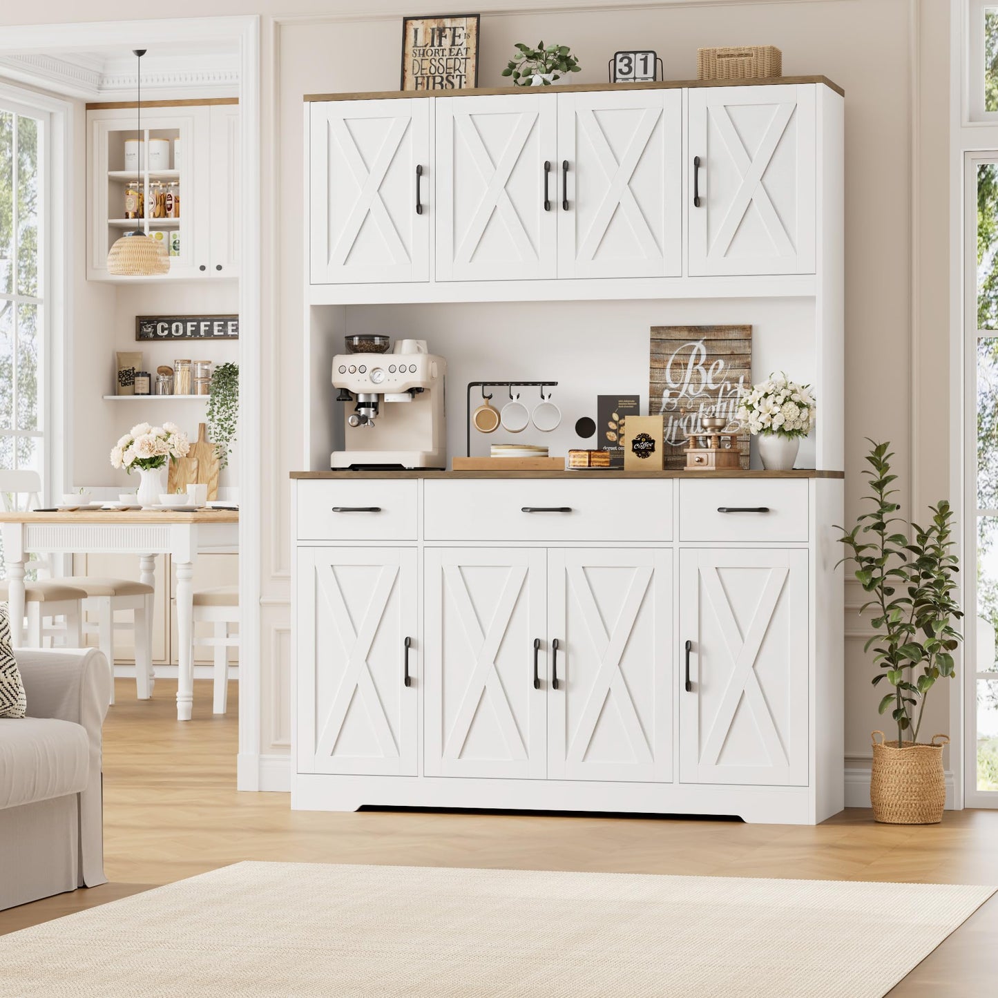 HOSTACK 71" Large Pantry Cabinet with Charging Station, 55" Wide Kitchen Pantry Storage with Drawers and Power Outlet, Tall Kitchen Hutch with Countertop for Kitchen, White
