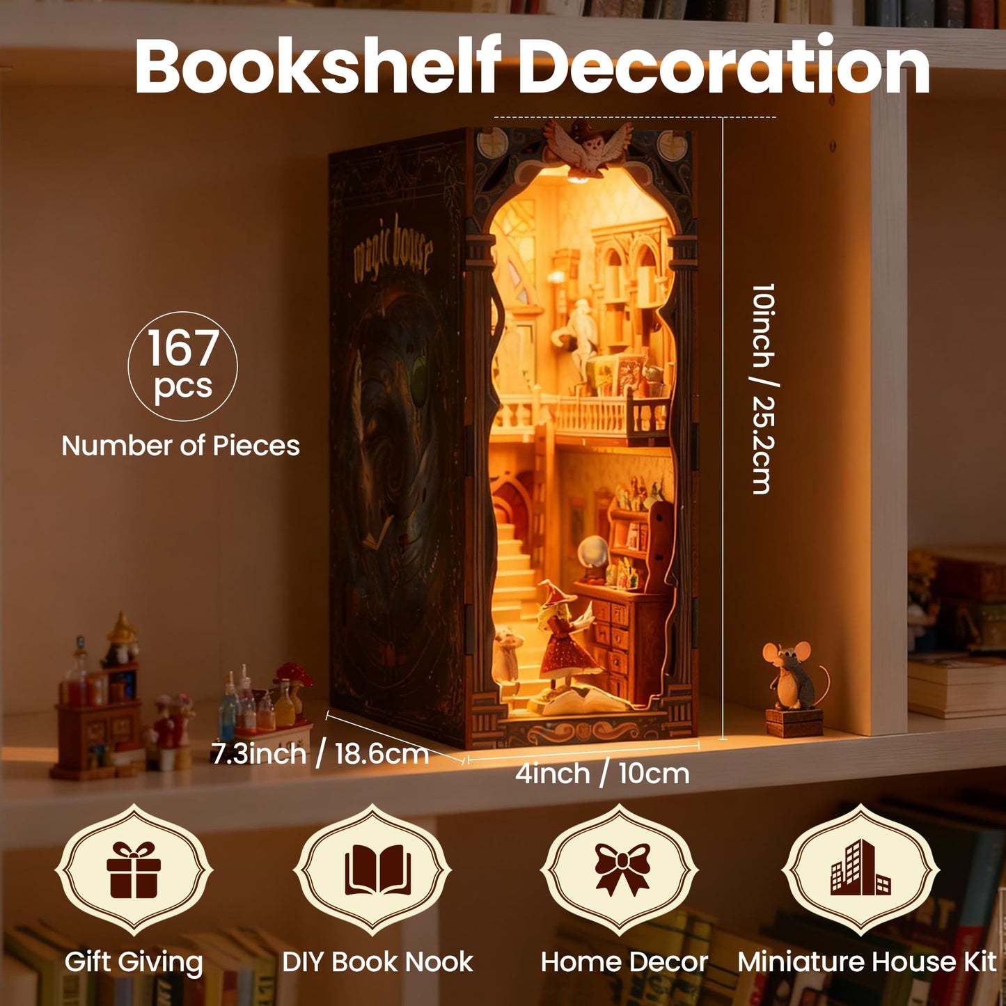 Book Nook Kit - DIY Miniature House Kit for Adults, Dollhouse Booknook Tiny House Bookshelf Decor 3D Wooden Puzzle Street Model, Ideal Gift for Book Lovers, Family, Friends (Mystical Magical Power)
