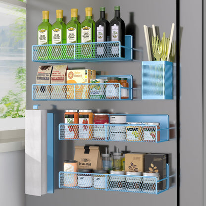 Magnetic Spice Rack for Refrigerator, 6 Pack 100% Metal Strong Magnet Shelf, Space Saving Spice Organizer, Home Kitchen Laundry Room Storage Organization W/ Paper Towel Holder, Utensils Racks (Grey)