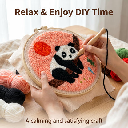 TINKAZ Panda Punch Needle Kit for Beginners, DIY Embroidery Starter Set with Yarn, Fabric & Hoop, Cute Handmade Needlepoint Craft Kit for Home Décor & Gift