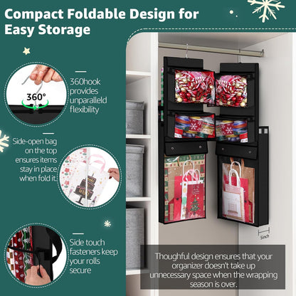Woodoulogy Wrapping Paper Organizer - Double-Sided Gift Wrap Roll Holder | 63"x13" Over Door Storage - Black