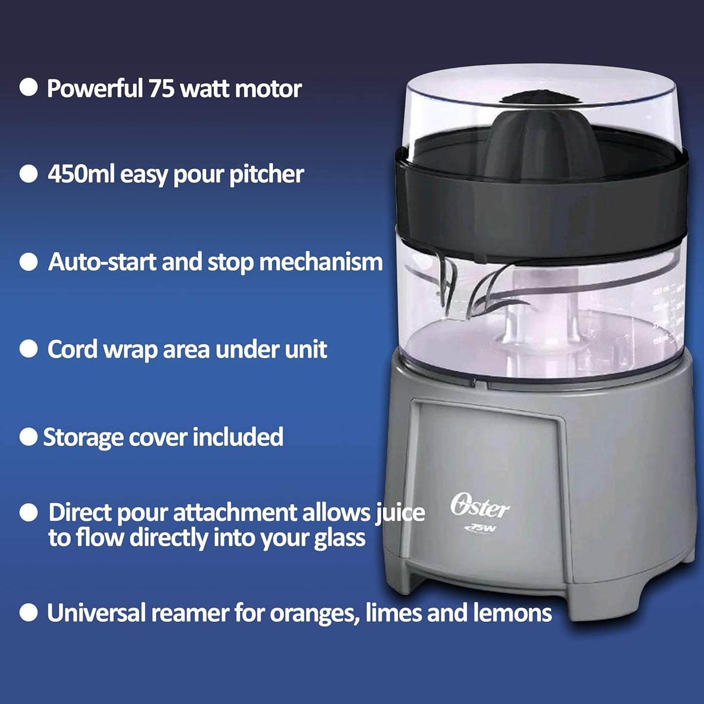 Oster Electric Citrus Juicer, High-Performance Silver 75 Watt Motor for Oranges and Lemons