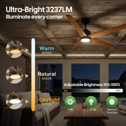 52 Inch Smart Outdoor Ceiling Fan with Light, Alexa/App/Remote Control, 5 Walnut Solid Wood Blades, Modern Farmhouse, Quiet Energy Efficient DC Motor, Damp Rated for Patio Porch Indoor Living Room