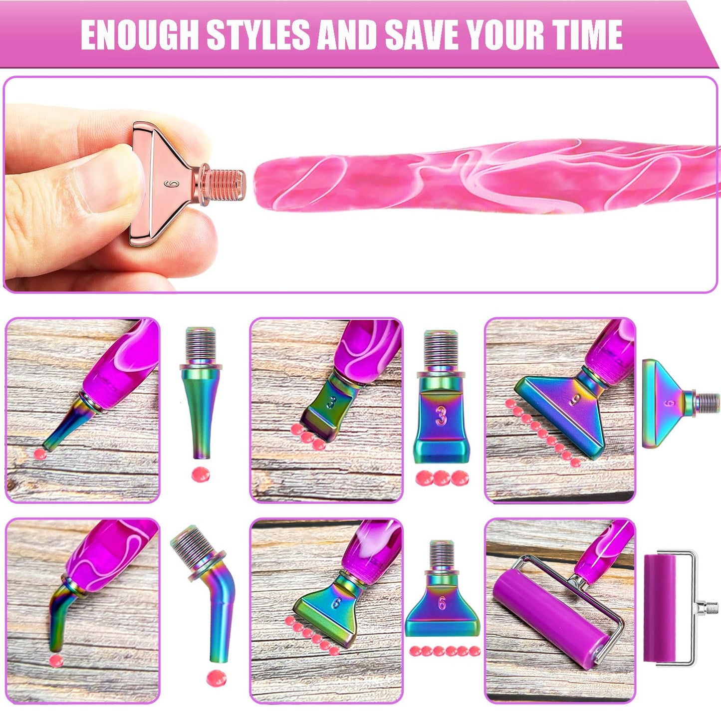 Diamond Art Pens Tools Diamond Painting Accessories Kits with Screw Metal Tip Roller Diamond Painting Pen Drill Bead Dot Pens for Art Craft Nail (Pink Pen Rose Gold 6)