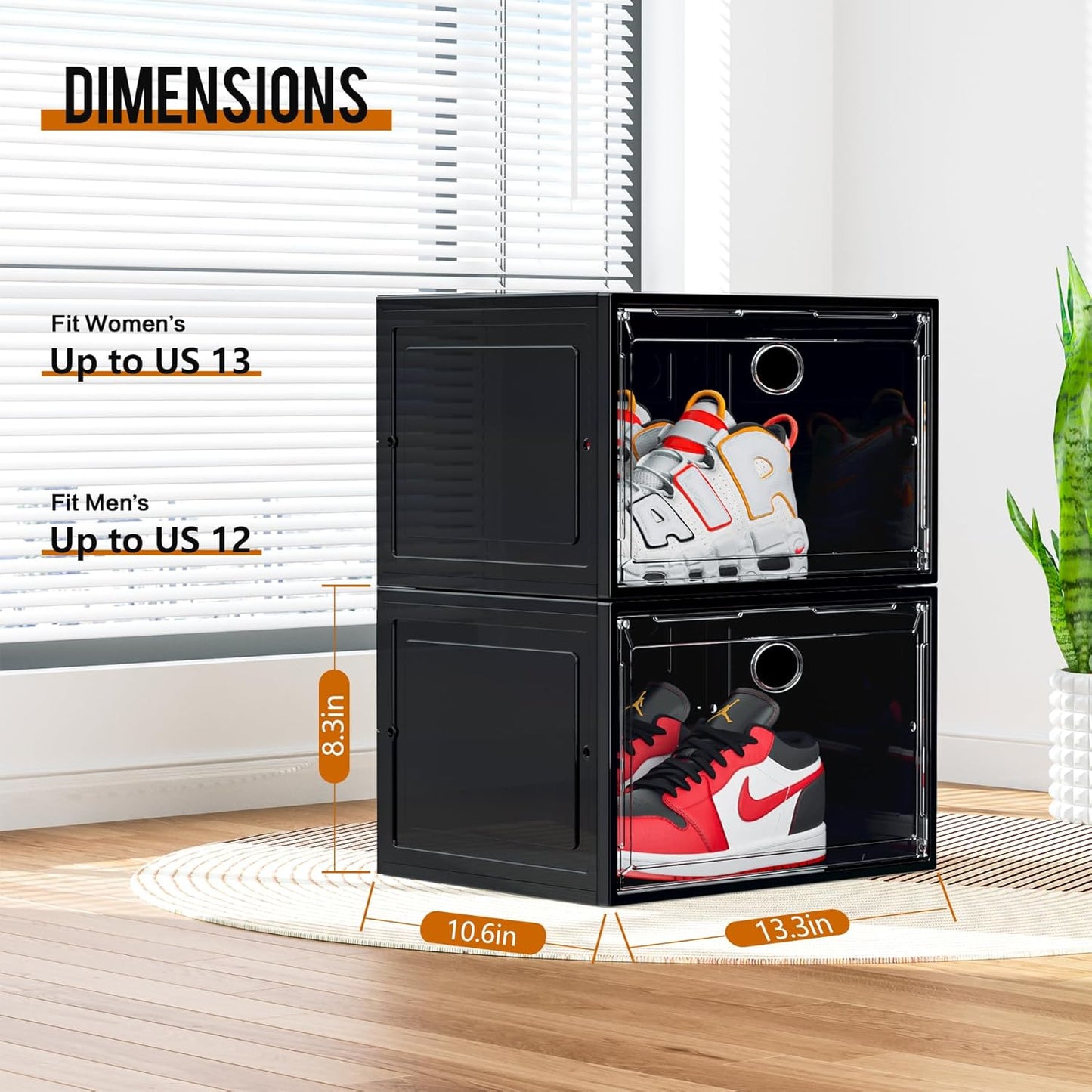 KEFA XL Shoe Storage Box Organizer, 6 Pack Clear Plastic Stackable Shoe Boxes for US 13 (Side 6 PACK BLACK)