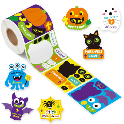 Haooryx Halloween Religious Sticker Roll - 300Pcs Make Your Own Pumpkin Ghost Bat Face Sticker Self-Adhesive Mix and Match Christian Religious Page Activity Pad Church Event Fall Halloween Party Favor