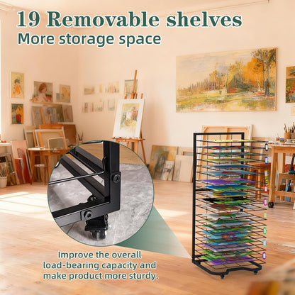 Xstermism Art Drying Rack for Classroom,Paint Drying Rack On Wheels with 19 Removable Shelves,Study Metal Art Storage Rack for Art Studios,Schools