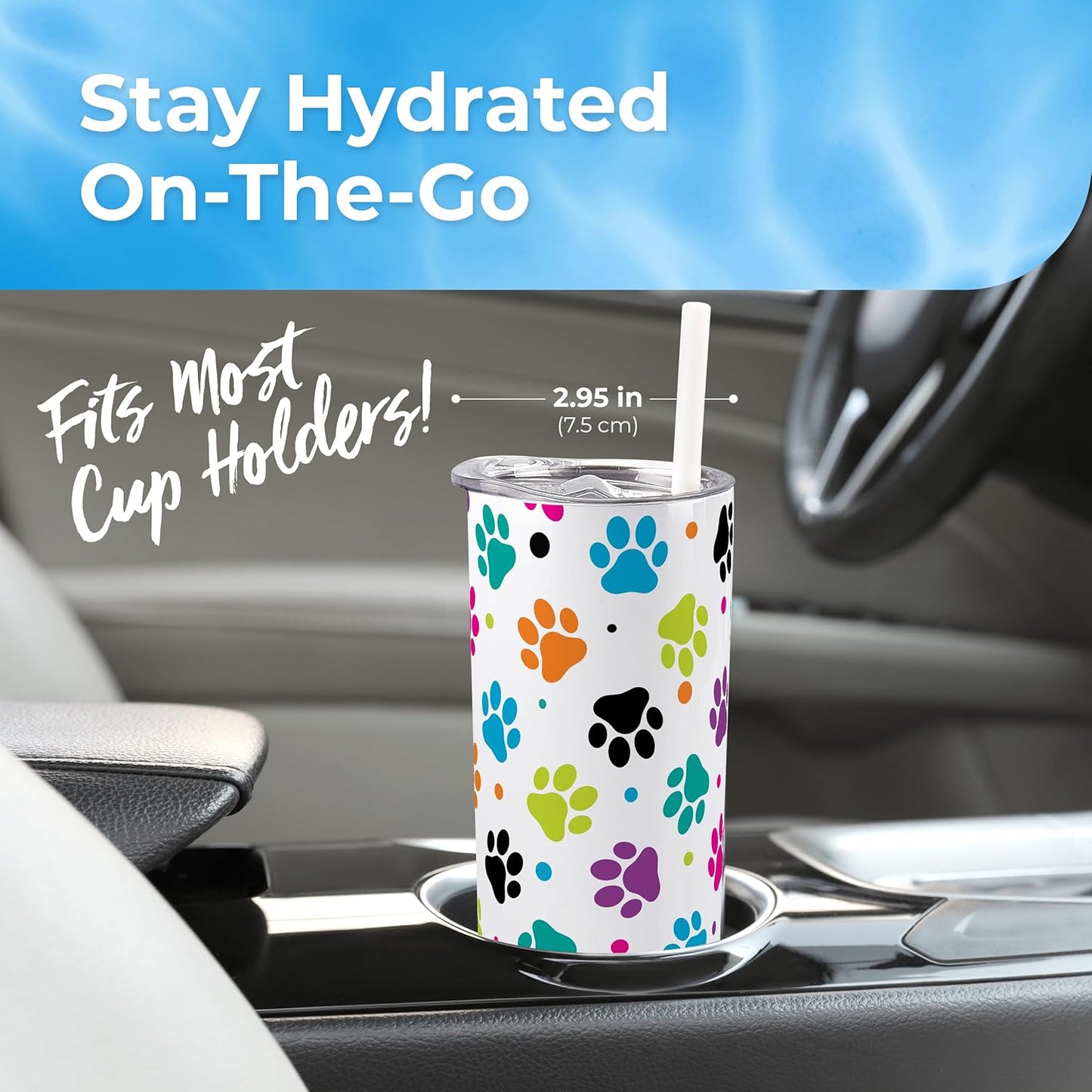 SassyCups 20 oz Vacuum Insulated Stainless Steel Tumbler with Dog Paw Print, Includes Straw and Lid