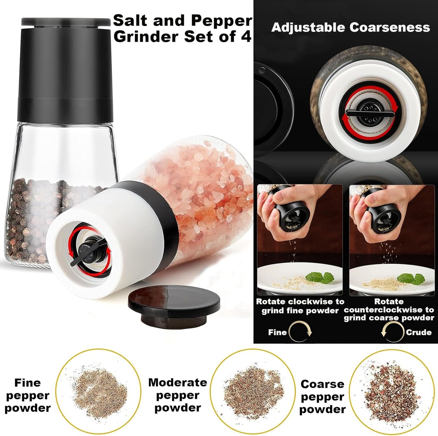 Premium Salt and Pepper Grinder Set of 4, Refillable Manual Salt and Pepper Mill, Adjustable Ceramic, Glass Shaker