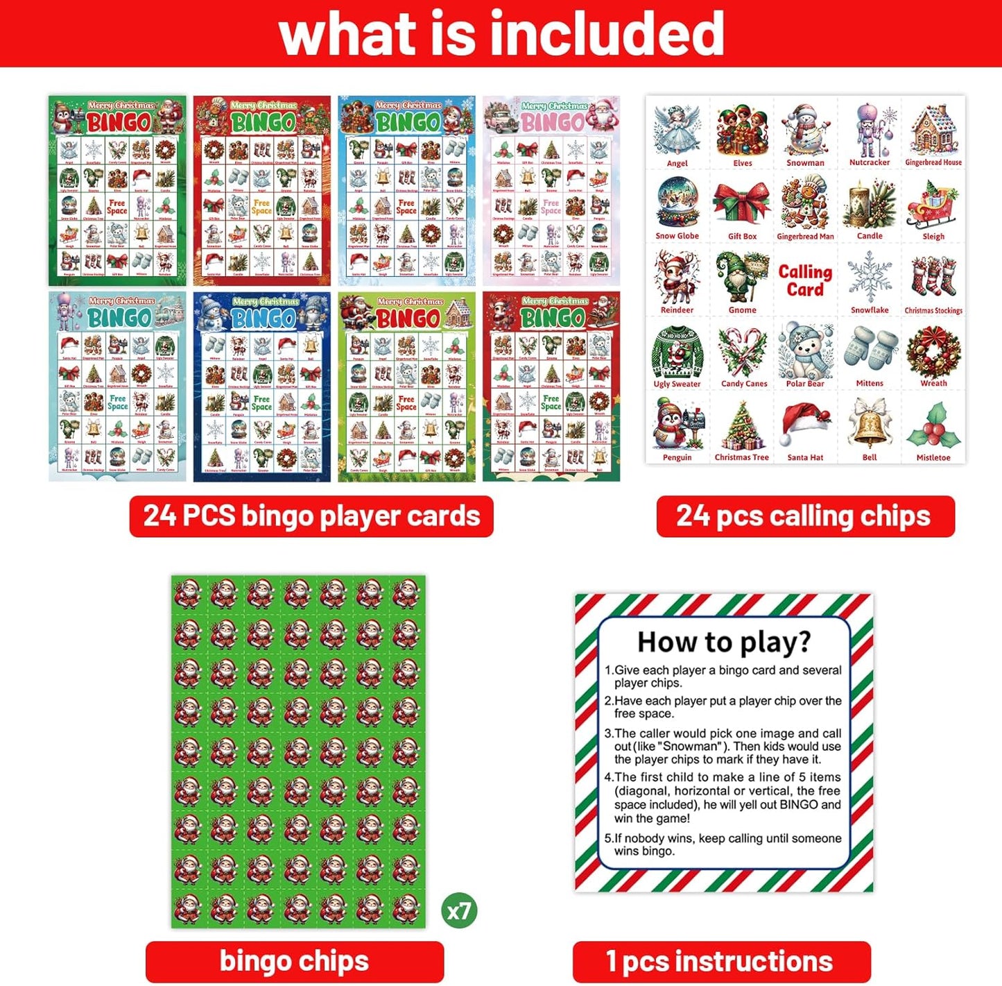 24 ceiba tree Christmas Bingo Game Cards for Adults Kids Family Large Group Players Winter Holiday Bingo Party Favors