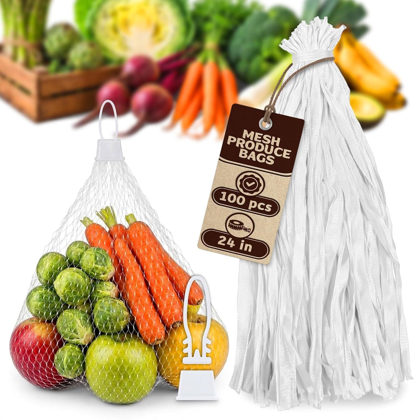 24" Set 100 Set Mesh Produce Bags of - Reusable Produce Bags with Plastic Lock, Durable & Tear Resistant Mesh Bag