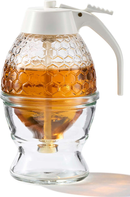8 oz PAULSWAY Not Chromed Glass Honey Dispenser, Food-Grade ABS White Lid No Drip Glass with Stand Honey Jar Honeycomb