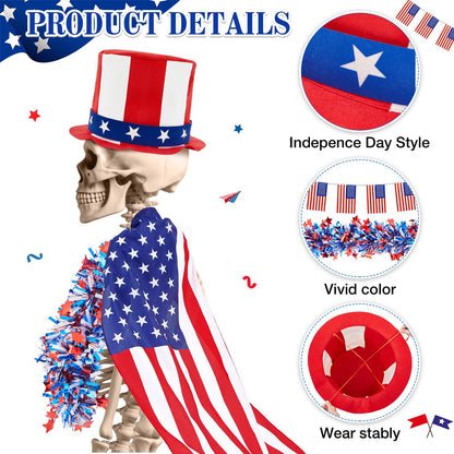 Bunnycool 4 Pcs 4th of July 12 ft Skeleton Patriotic Outfit Accessories Hat, Cape, Flag Banner, Tinsel Garland Giant Skeleton Costume Clothing for Parade Garden Lawn Outdoor Decor