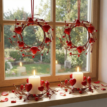 4 Pcs Valentine Candle Rings, Wreaths Red Heart and Berry Candle Holder Rings, Inner Diameter 3.2 Inch Candlestick Decoration for Valentine's Day Wedding Table Centerpieces