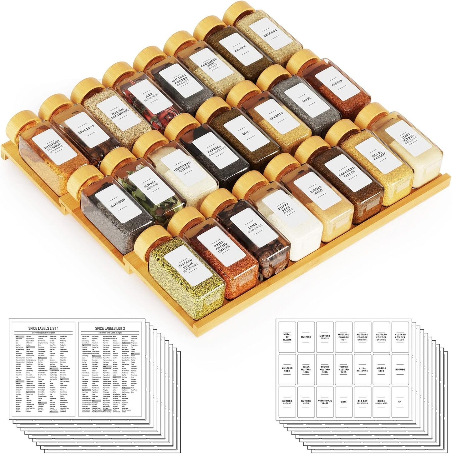 24 378 3 15" 15" 2.6" SpaceAid Bamboo Spice Drawer Organizer with Spice Jars, White Minimalist Spice Labels, Tier