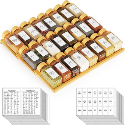 24 378 3 15" 15" 2.6" SpaceAid Bamboo Spice Drawer Organizer with Spice Jars, White Minimalist Spice Labels, Tier