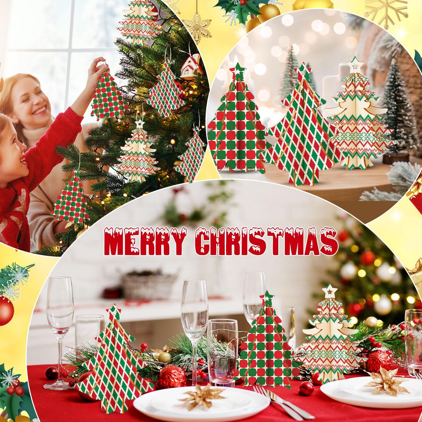 Chunful 36 Pcs Christmas Tree Wooden Crafts DIY 3D Christmas Tree Sign Xmas Unfinished Wood Cutouts Crafts Ornaments Blank Wooden Slices Hanging Decoration for Xmas Holiday Tabletop Gift