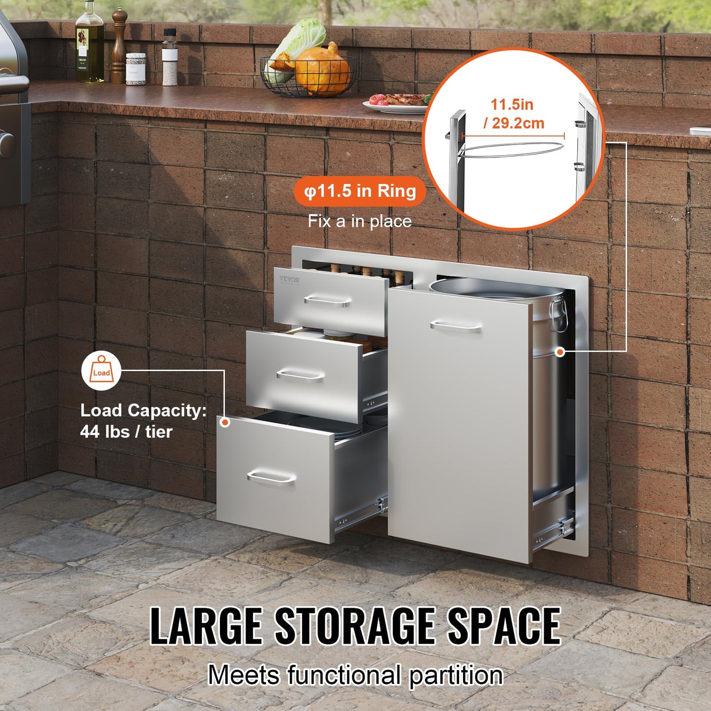 VEVOR Stainless Steel Cabinet, Outdoor Kitchen Door Drawer Combo 29.5" W x 22.6" H x 21.7" D, Access Door/Triple Drawers, Propane Drawer, Adjustable Garbage Ring, BBQ Island Patio Grill Station