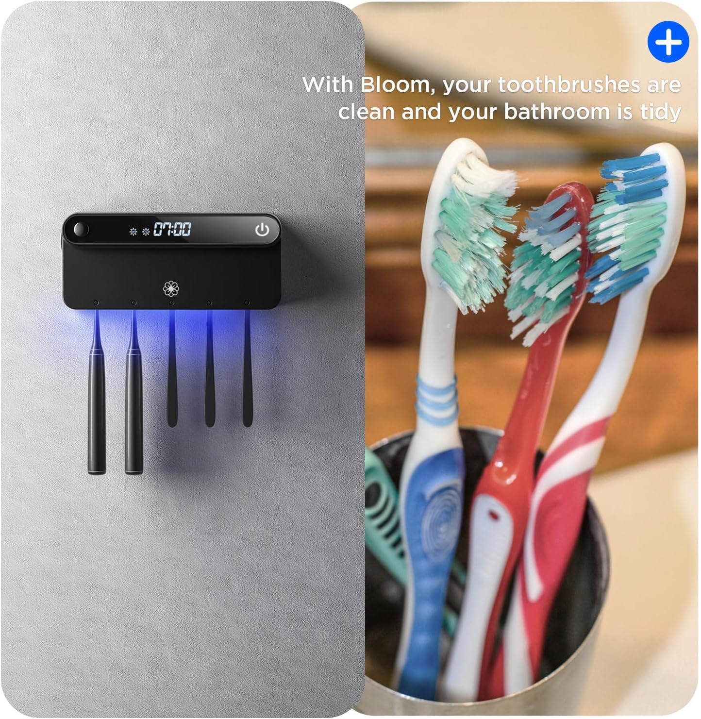 3M 5 Bloom Toothbrush Sanitizer and Holder for Bathroom Walls, Strong Adhesive, Time Display, Long-Lasting Charge