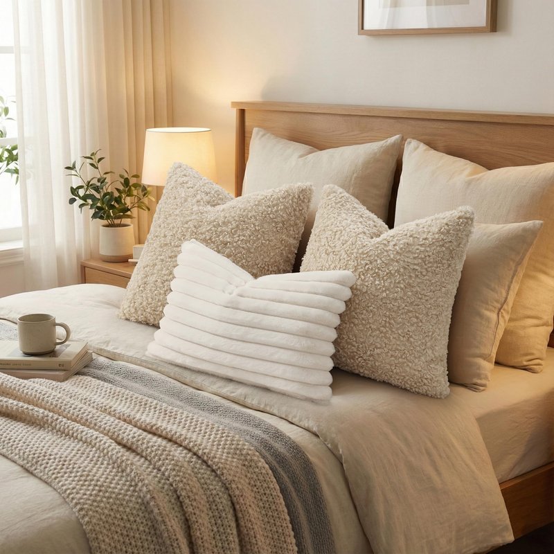 decorUhome Pack of 2 Throw Pillow Covers 18x18 Inch, Faux Fur Decorative Sherpa Pillow Covers Fuzzy Accent Soft Sheepskin Fleece Pillow Cases for Couch Living Room Bed, Neutral Oatmeal