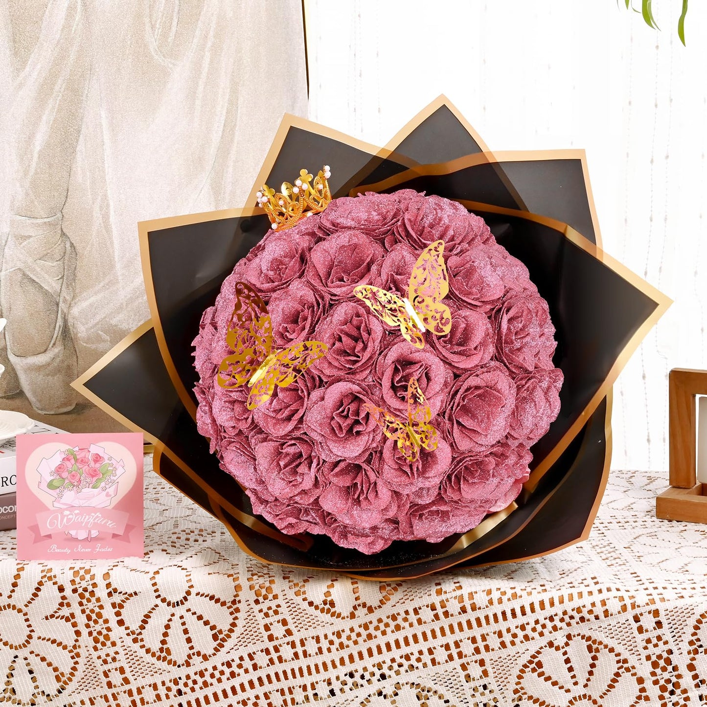 Waipfaru Rose Gold Glitter Roses Bouquet, DIY Flowers Bouquet, Birthday Gifts for Women Mom Grandma Wife Girlfriend, 36 Pcs Fake Rose for Valentines, Mothers Day, Anniversary, Graduation Gifts