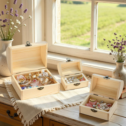 BAOPEND 3 Pieces Unfinished Wooden Storage Box with Lid and Latch, Decorative Treasure Chest for Jewelry Keepsakes Crafts, Natural Pine Wood Organizer for Home Office Gift (Small+Medium+Large)