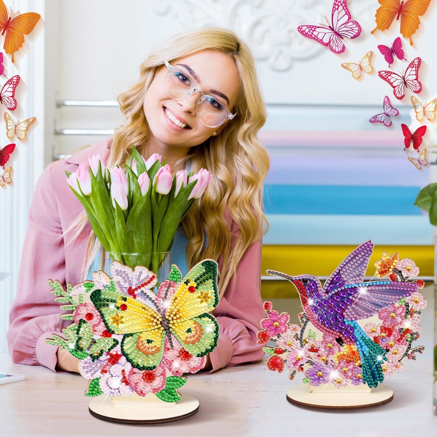 Cinnvoice 6 Pcs Diamond Art Tabletop Decorations Diamond Painting Centerpieces Dragonfly DIY Flower Desktop Art Ornaments for Table Tabletop Decor (Butterfly)
