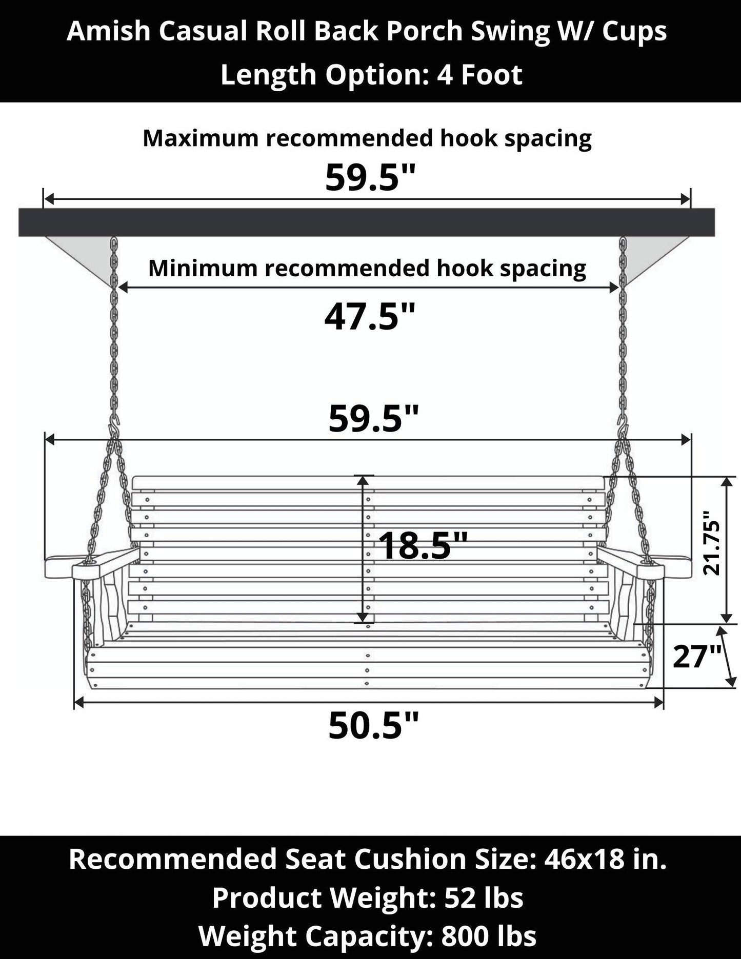 Amish Casual Heavy Duty 700 Lb Capacity Porch Swing with Cup Holders (4 Foot, Cedar Stain) – Wooden Outdoor Roll Back Swing with Hanging Chains – Amish Made in the USA