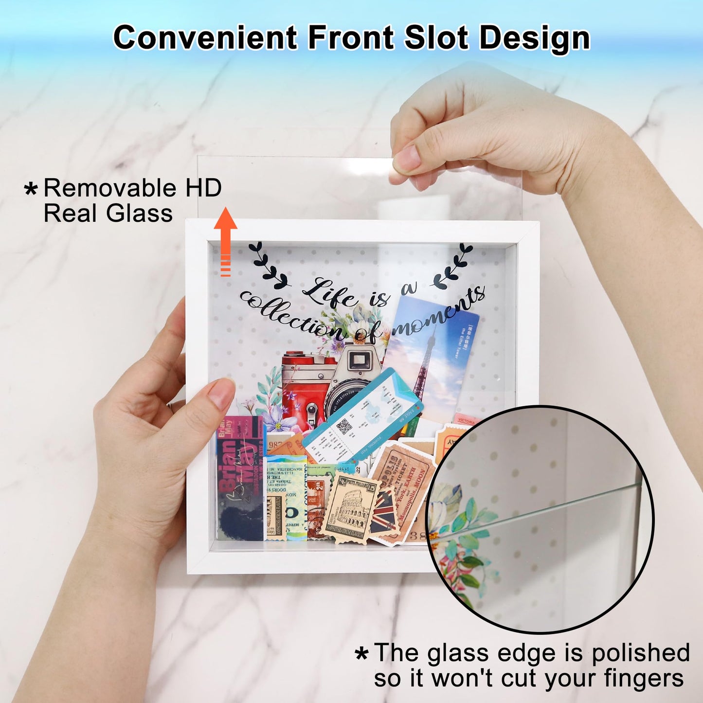FramePro 8"x8" Travel Memory Shadow Box with Slot - Ticket Stub Organizer & Memory Box for Keepsakes, Shadow Box Frame Display Case for Photos and Tickets, Wall Mount or Tabletop (White)