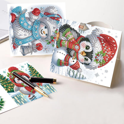 MVVMTOP 8pcs Christmas Diamond Painting Greeting Cards Christmas snowman & penguin, for Blessings and Wishes, Special Shape Crystal Partial Mosaic Making Craft, Paper Material, DIY Gifts for Holiday
