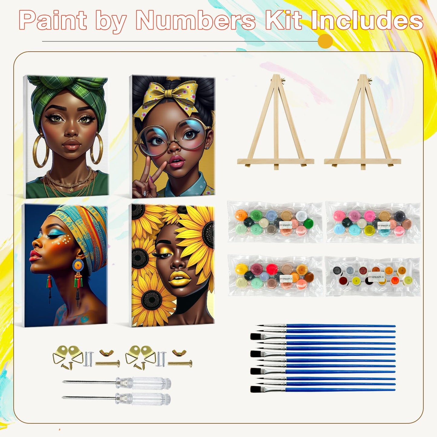 HeeBenor 4 Pack Black Women Paint by Numbers Kit for Adults Framed Canvas, Black Women Paint by Number with Easel, DIY Adult Paint by Number Kits Framed Canvas for Home Decor 8x12 Inch