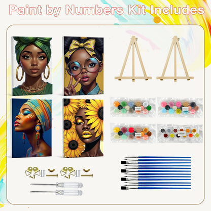 HeeBenor 4 Pack Black Women Paint by Numbers Kit for Adults Framed Canvas, Black Women Paint by Number with Easel, DIY Adult Paint by Number Kits Framed Canvas for Home Decor 8x12 Inch