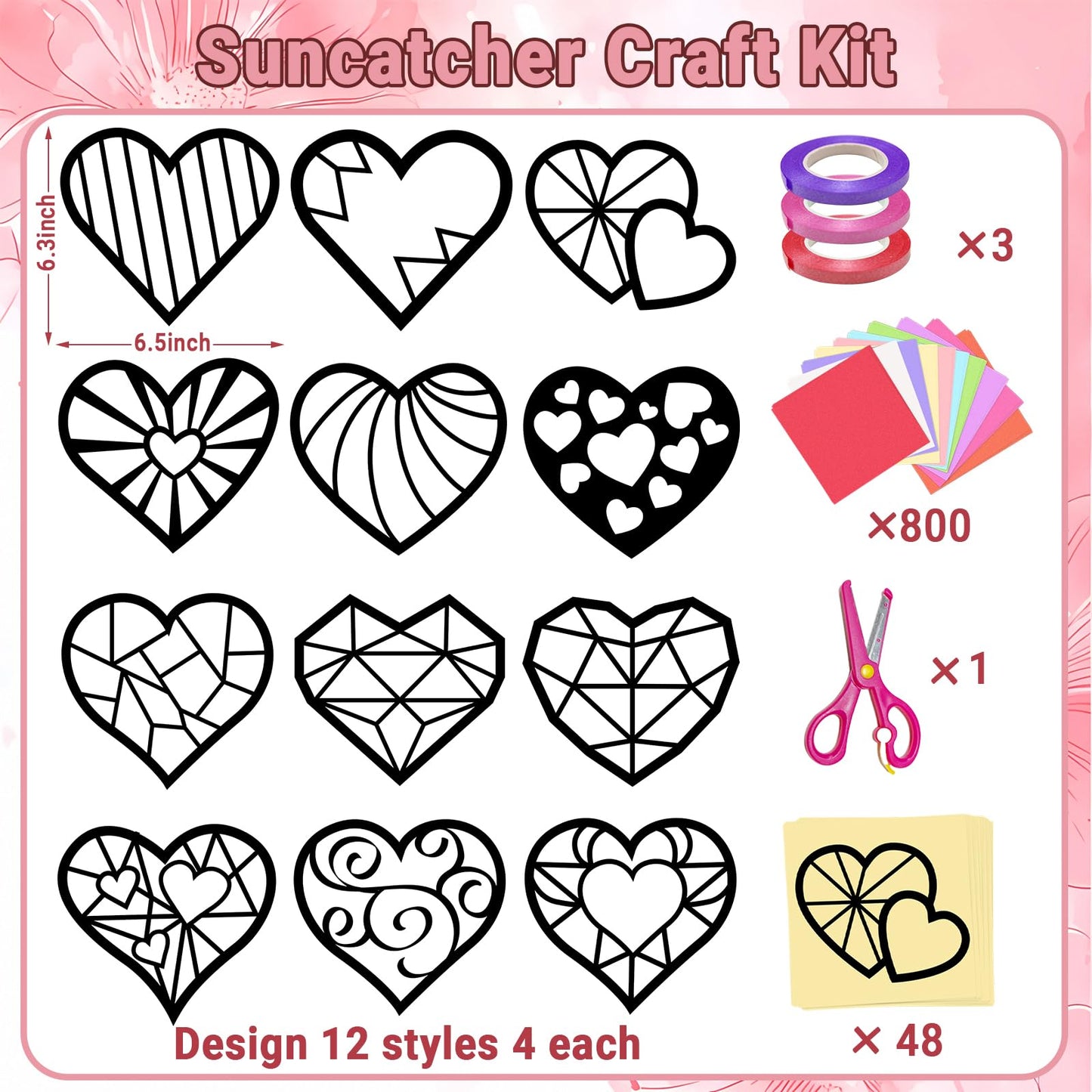 KOPOOEOE 48 Sets Valentines Day Suncatchers Craft DIY Heart Tissue Paper Crafts Kits Valentine Heart Hanging Decorations for Classroom Home Window Stained Glass Effect Art Supplies
