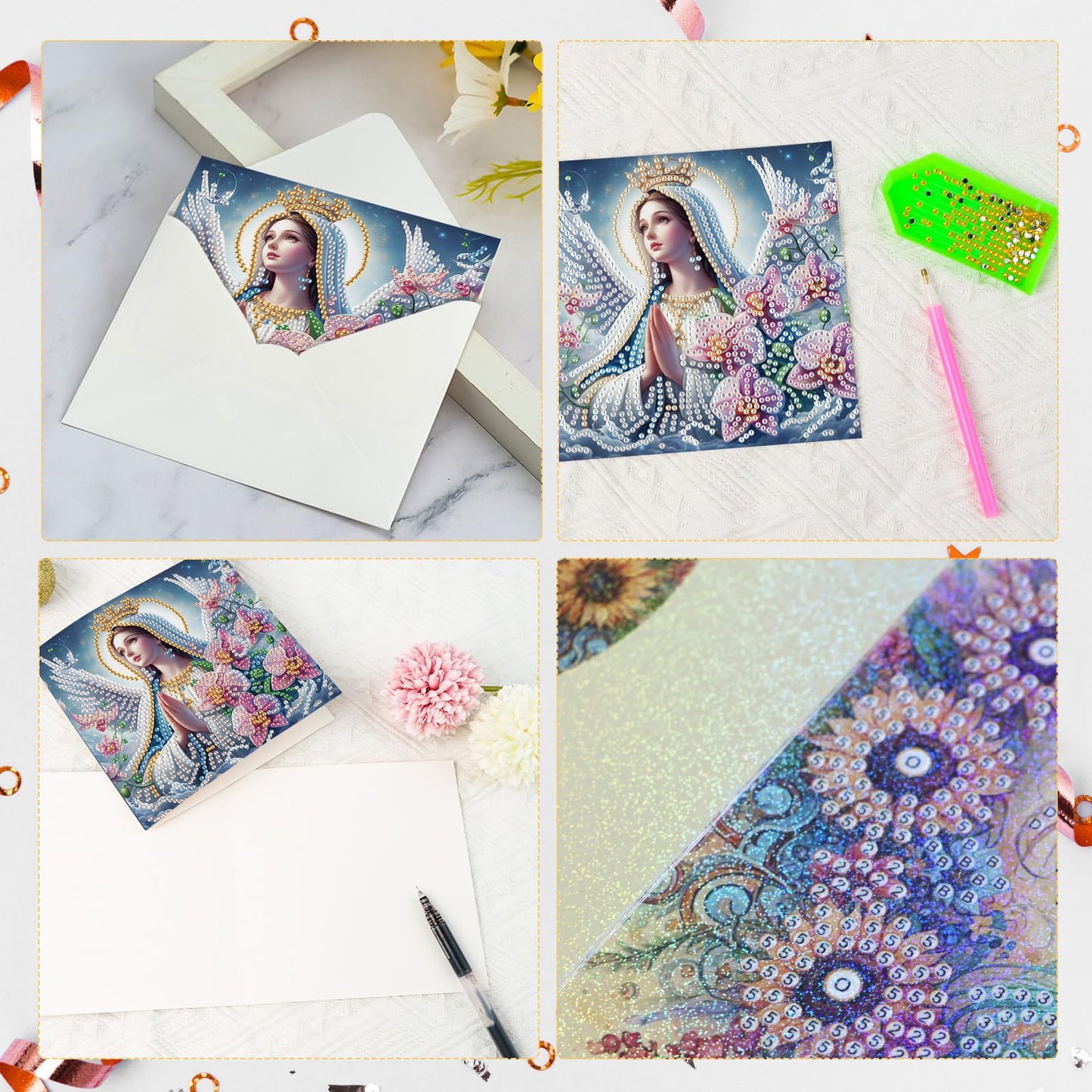 6 Pcs 5D Rhinestone Painting Greeting Cards Kits, Handmade Diamond Art Greeting Cards with Envelopes Holographic Laser Effect DIY Diamond Art Crafts Birthday Cards for Festival Celebrations (Religion)
