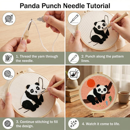 TINKAZ Panda Punch Needle Kit for Beginners, DIY Embroidery Starter Set with Yarn, Fabric & Hoop, Cute Handmade Needlepoint Craft Kit for Home Décor & Gift