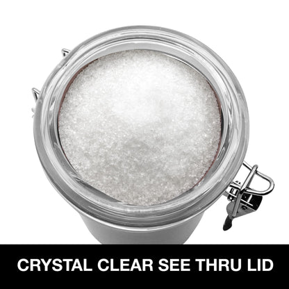 Oggi Stainless Steel Sugar Canister 62 fl oz - Airtight Clamp Lid, Clear See-Thru Top - Ideal Sugar Container for Countertop, Sugar Jar, Bulk Sugar Storage. Large Size 5" x 7.5".
