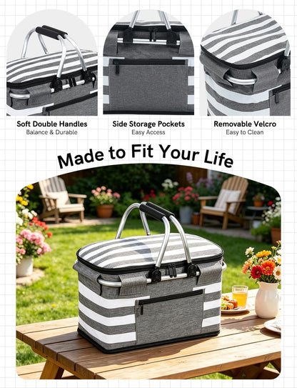 KEFOMOL Insulated Picnic Basket,Leak-Proof Collapsible Cooler Bag,26L Grocery Basket with Lid,2 Sturdy Handles,Storage Basket for Picnic,Food Delivery,Take Outs,Market Shopping,Travel (Gray)