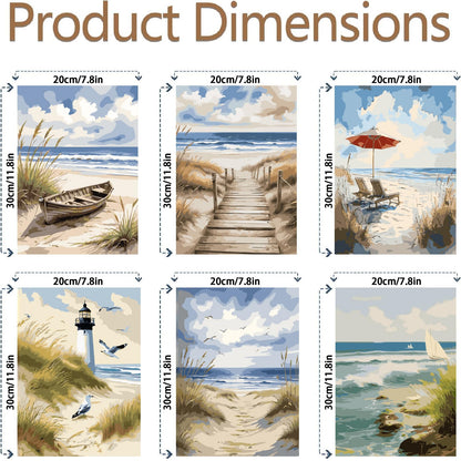 uuxsretaio 6 Pack Paint by Numbers Kits for Adults Beginners, Beach Paint by Number Kits on Canvas, DIY Acrylic Oil Painting Kits with Brushes for Home Wall Decor (8x12 inches Without Framed)