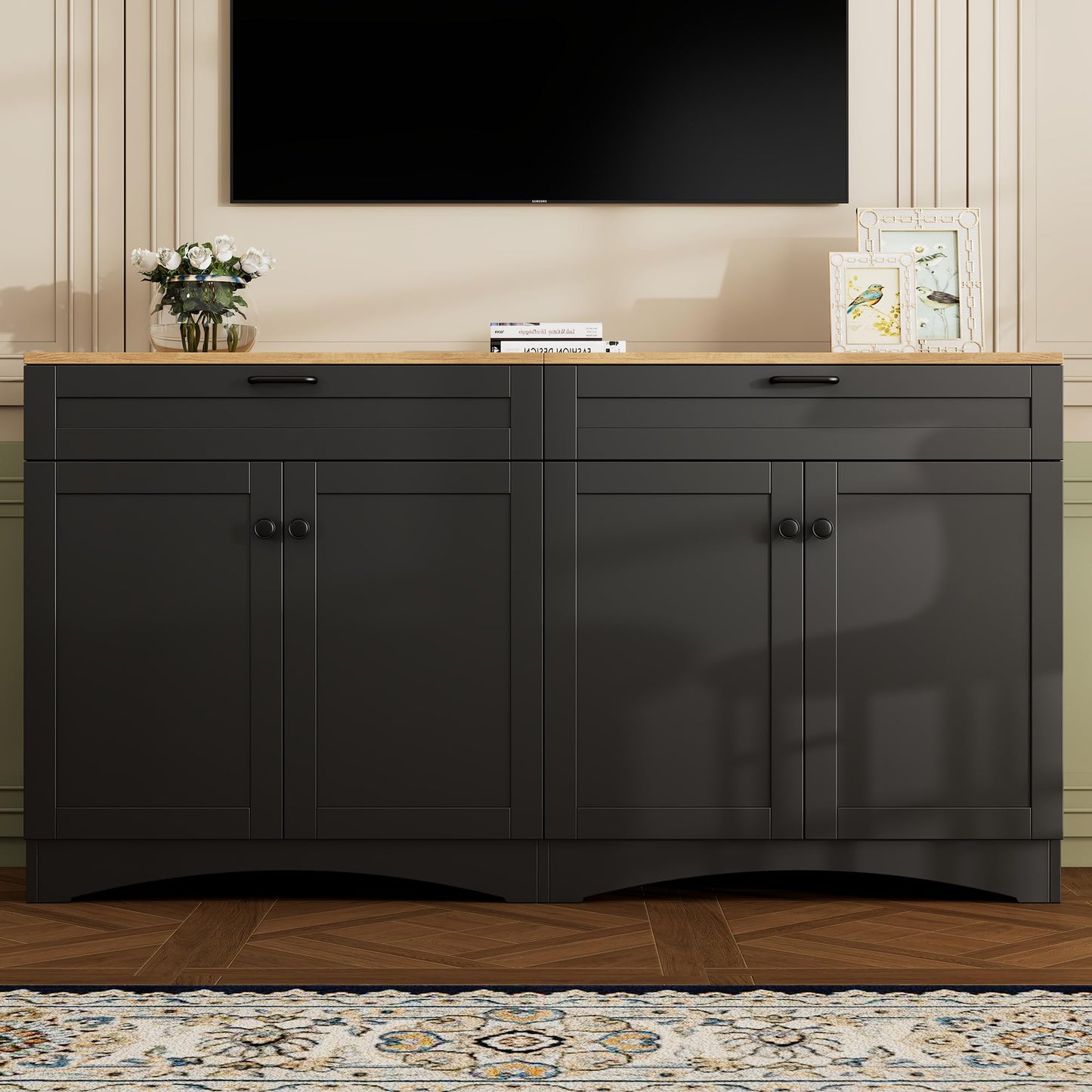 Merax Modern TV Stand Consoles for TVs up to 70'', Mid-Century Solid Wood Entertainment Center with Storage Cabinets, Practical Media Console for Living Room, Bedroom, Black