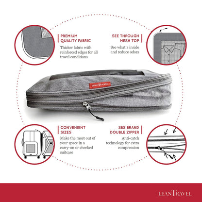 LeanTravel Compression Packing Cubes for Travel Organizers with Double Zipper (6-Pack (2L+2M+2S), Grey)