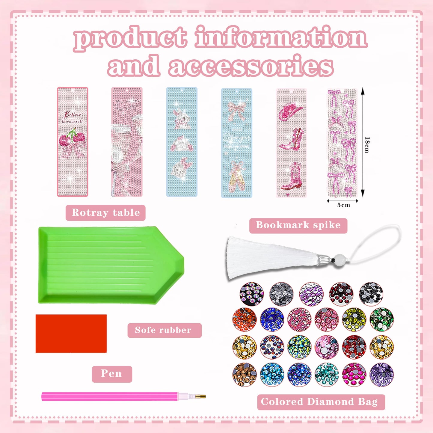 MUAECH 6 Pcs Diamond Art Bookmark Kit, Pink Bow Cute Theme 5D Diamond Painting Bookmarks with Tassels, Cute Rhinestone Craft Gift for Kids Adults Book Lovers, DIY Arts & Crafts for Beginners